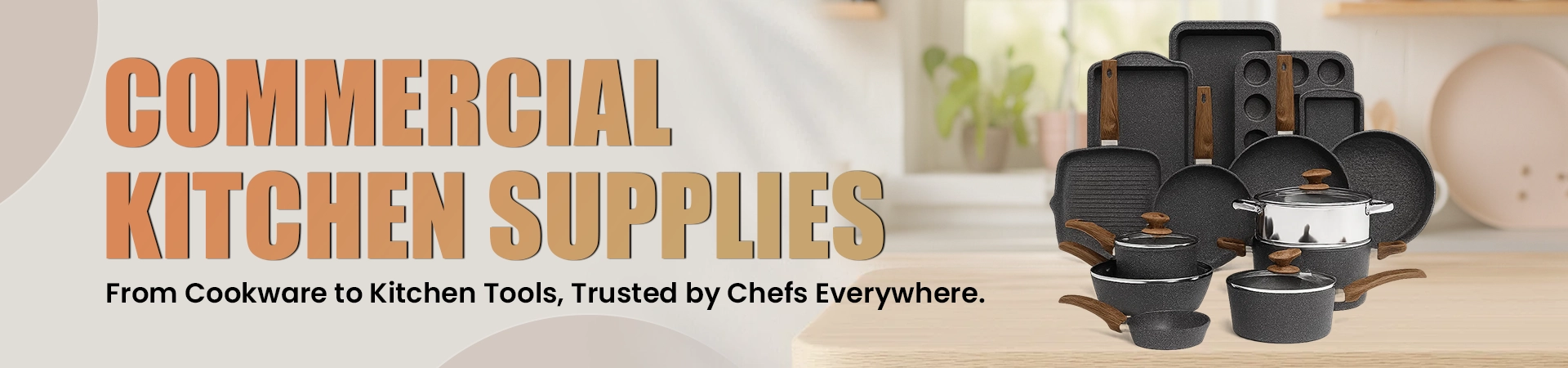 Banner showing professional-grade baking pans including muffin trays, tart molds, and cake pans, designed to prevent stuck cakes easily.